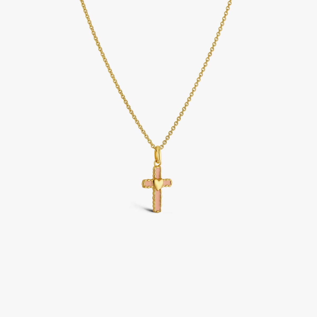 Pendentif croix cœur et calissons en or jaune, 16 mm, pêche, vue sur chaîne