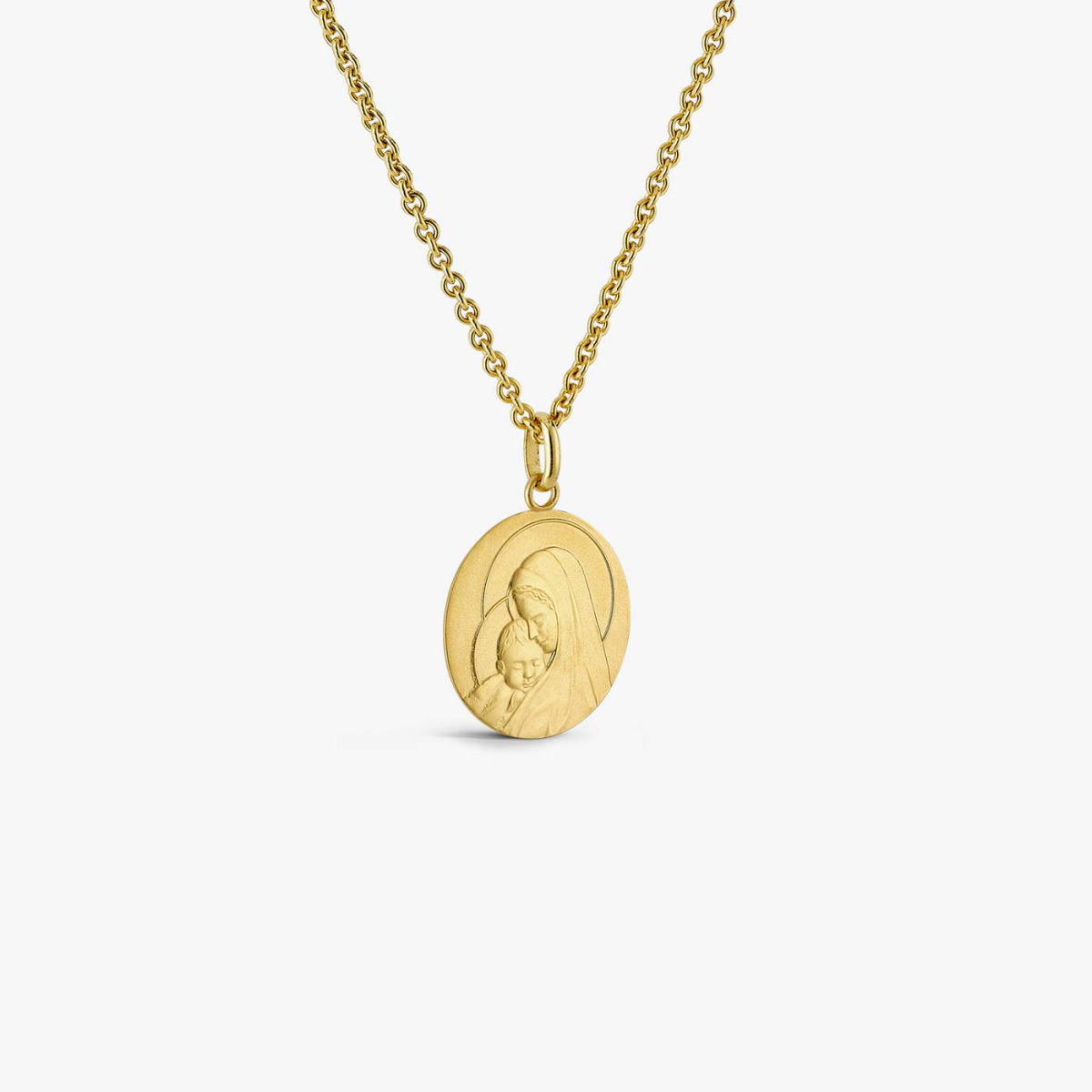 Virgin with Child Baptism Medal in Yellow Gold, necklace view