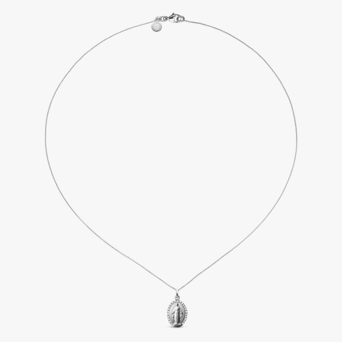 Médaille miraculeuse en or blanc et diamants, 15 mm, vue sur chaîne