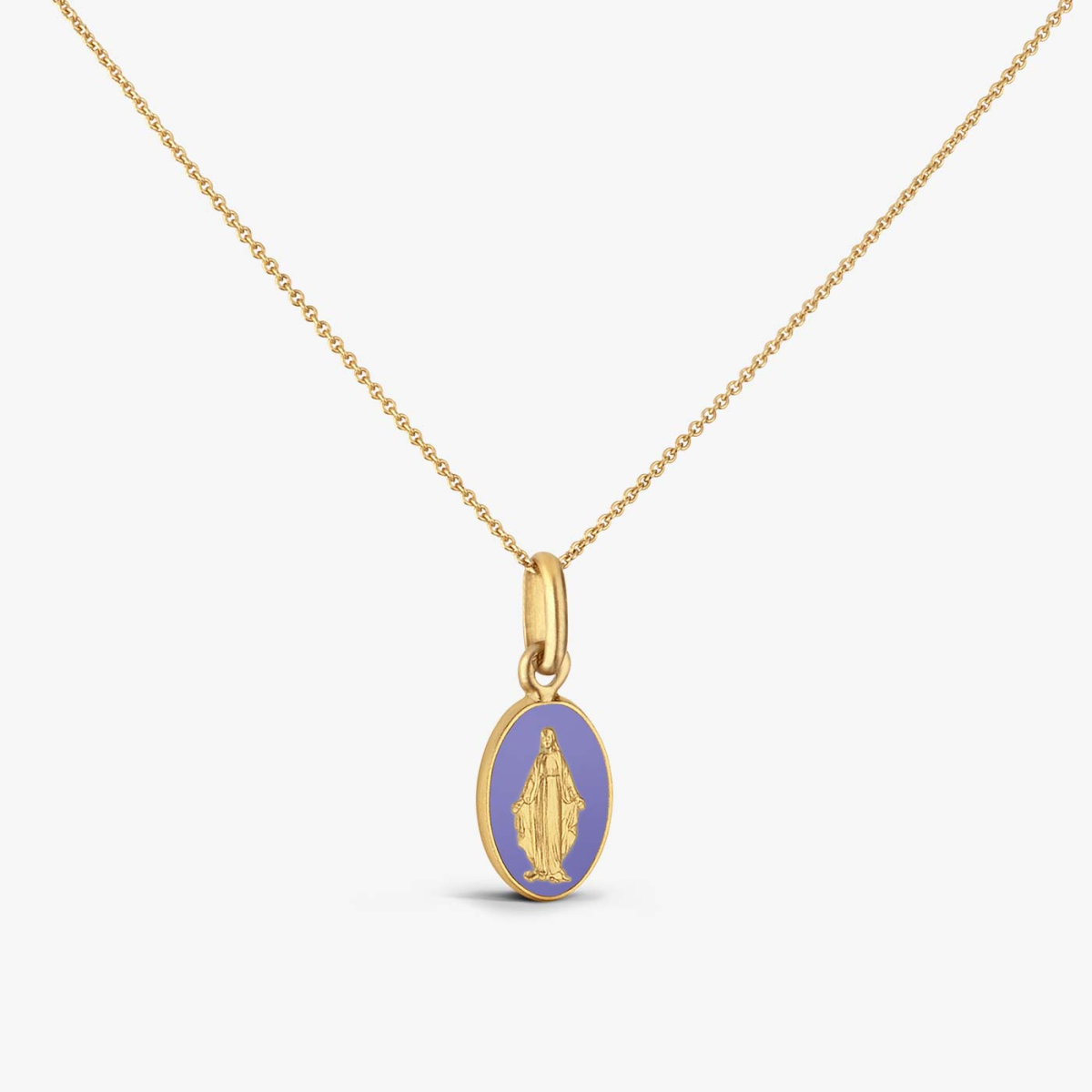 Lilac Miraculous Medal in Yellow Gold, front view on chain