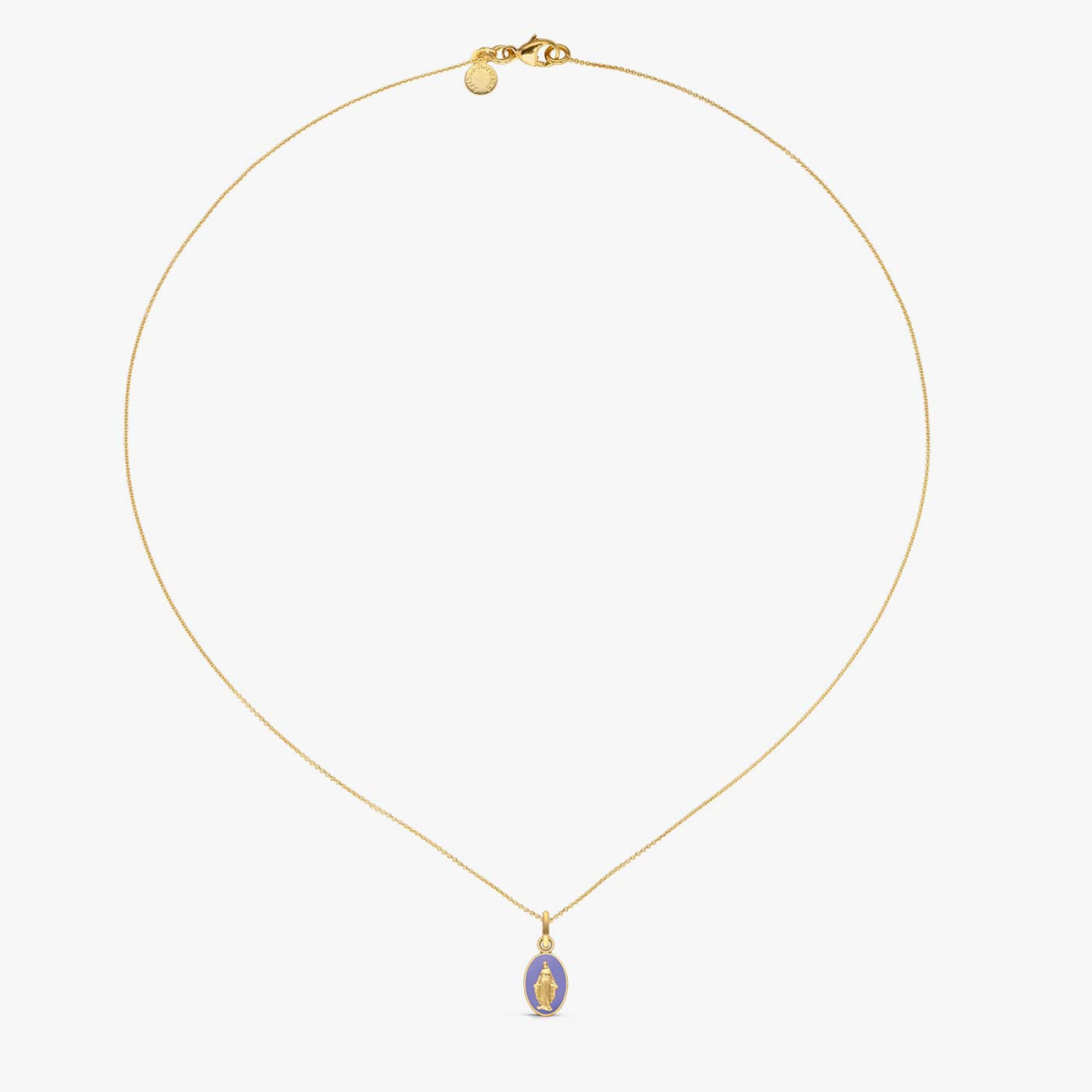 Lilac Miraculous Medal in Yellow Gold, necklace view