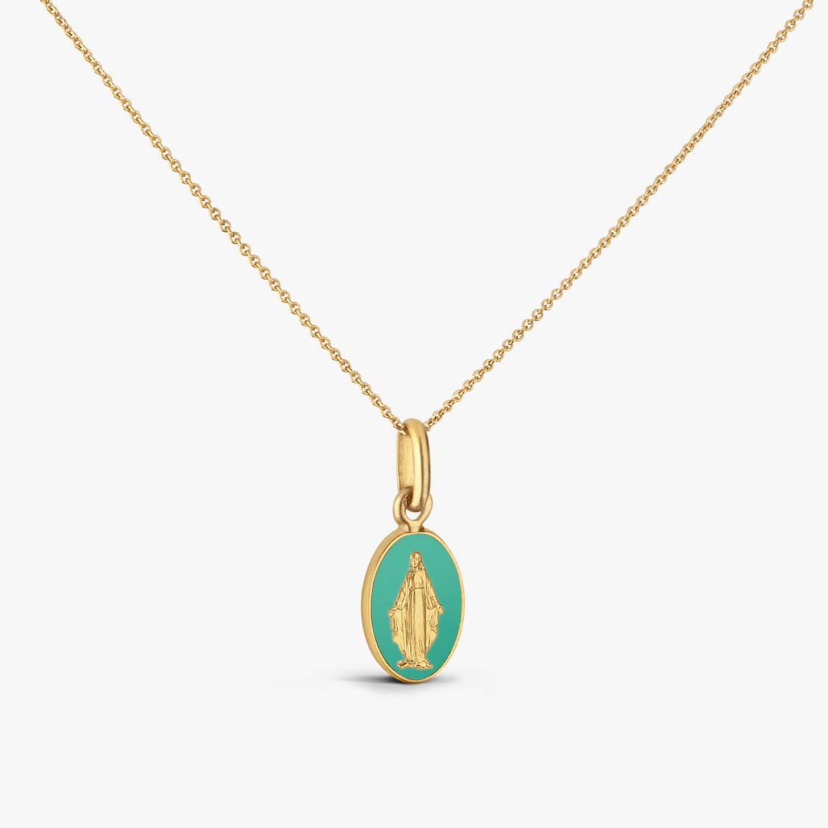 Aqua green Miraculous Medal in Yellow Gold, front view on chain