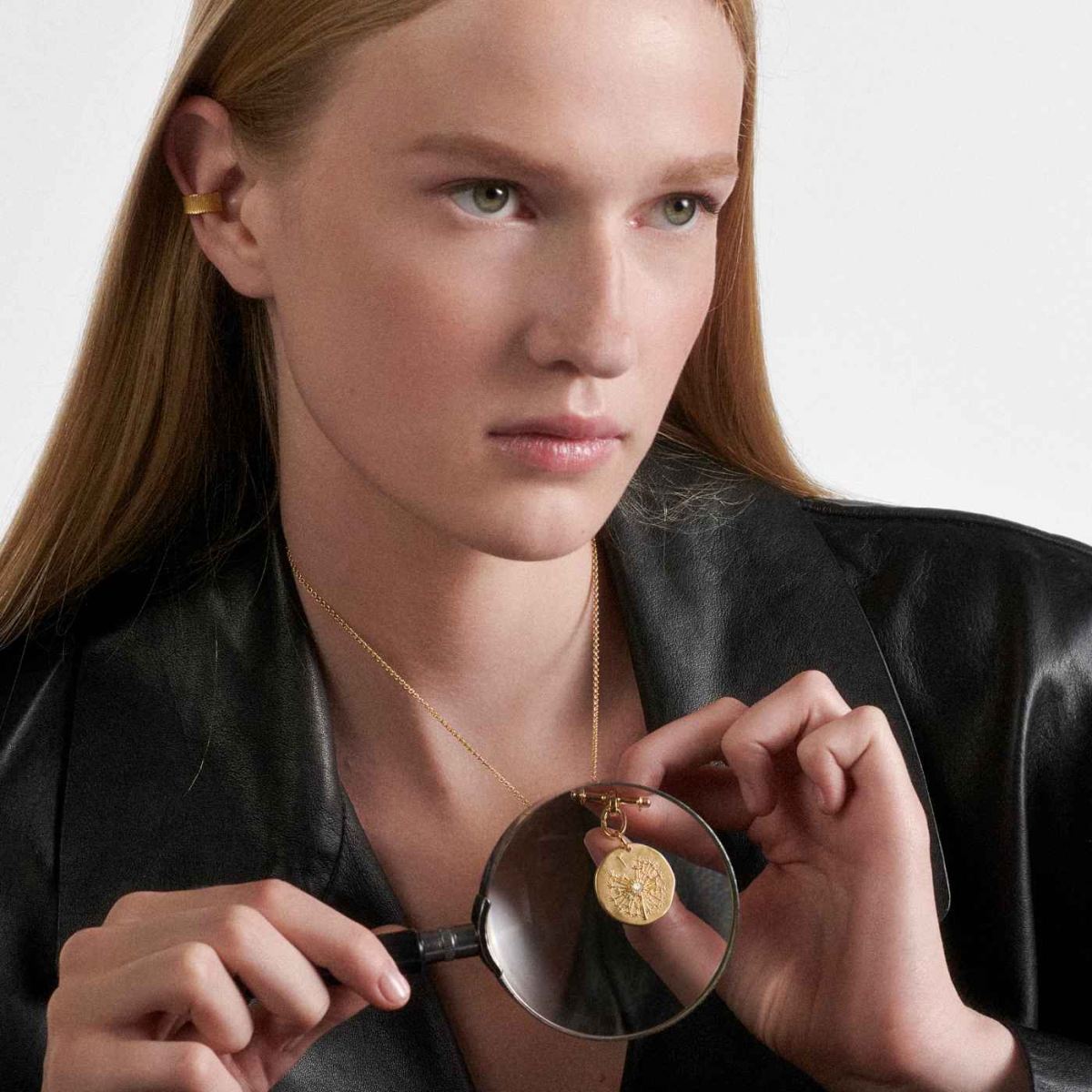 Yellow Gold and Diamond Dandelion Medallion, worn by a mannequin