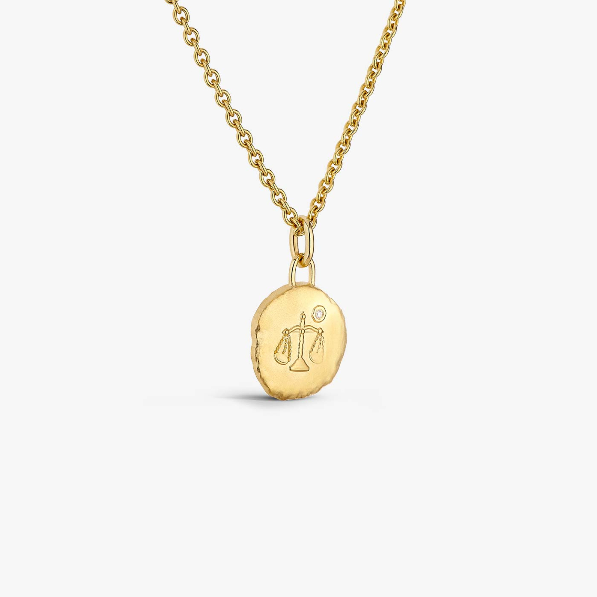 Yellow Gold & Diamond Libra Astro Medallion, necklace view