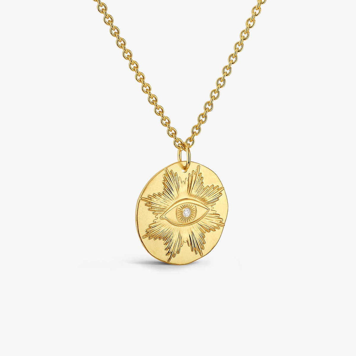 Yellow Gold and Diamond Eye Medallion, necklace view