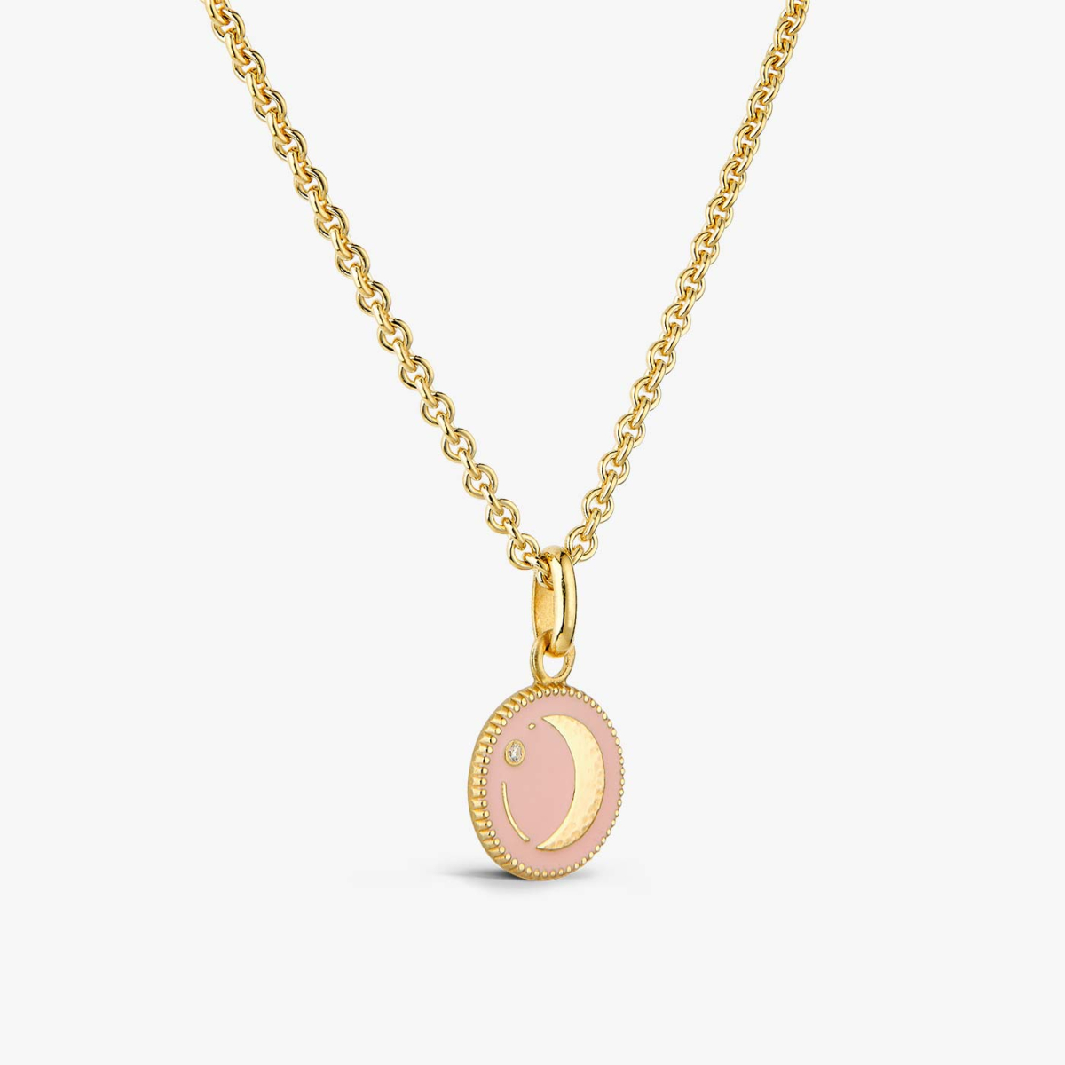 Moon Pendant in Yellow Gold and Diamond - Powder Pink, necklace view