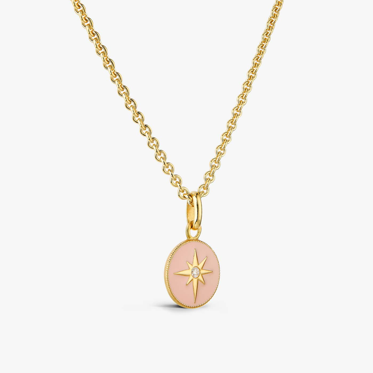 Powder Pink Star Pendant in Yellow Gold and Diamond , necklace view