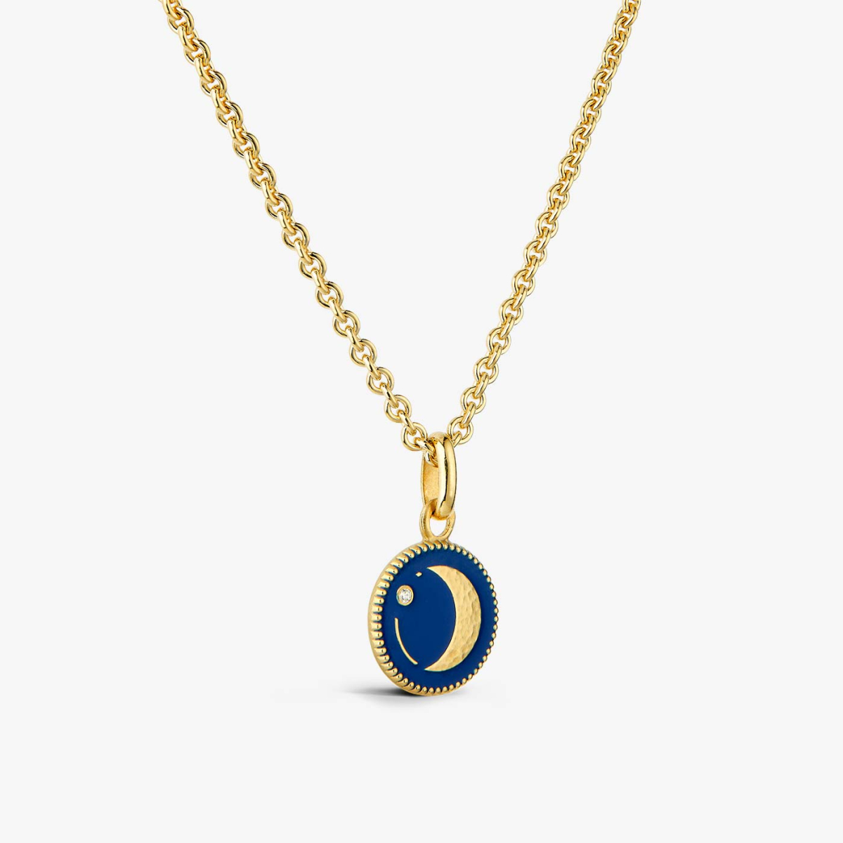 Moon Pendant in Yellow Gold and Diamond - Navy Blue, chain view