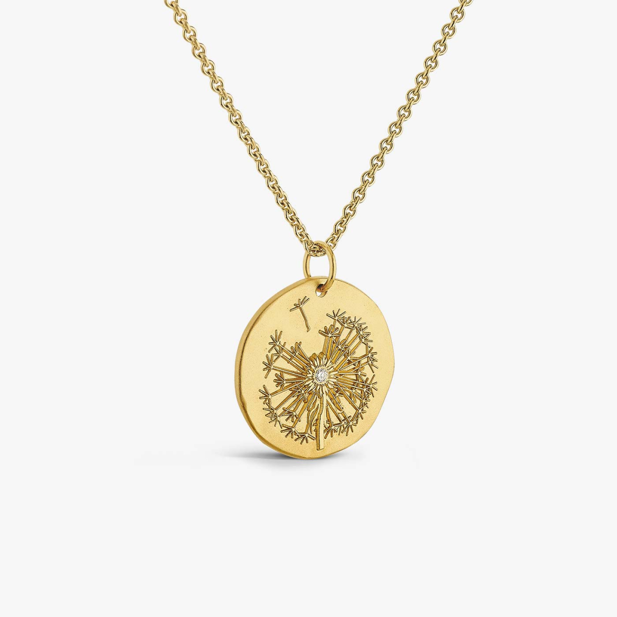 Yellow Gold and Diamond Dandelion Medallion, chain view