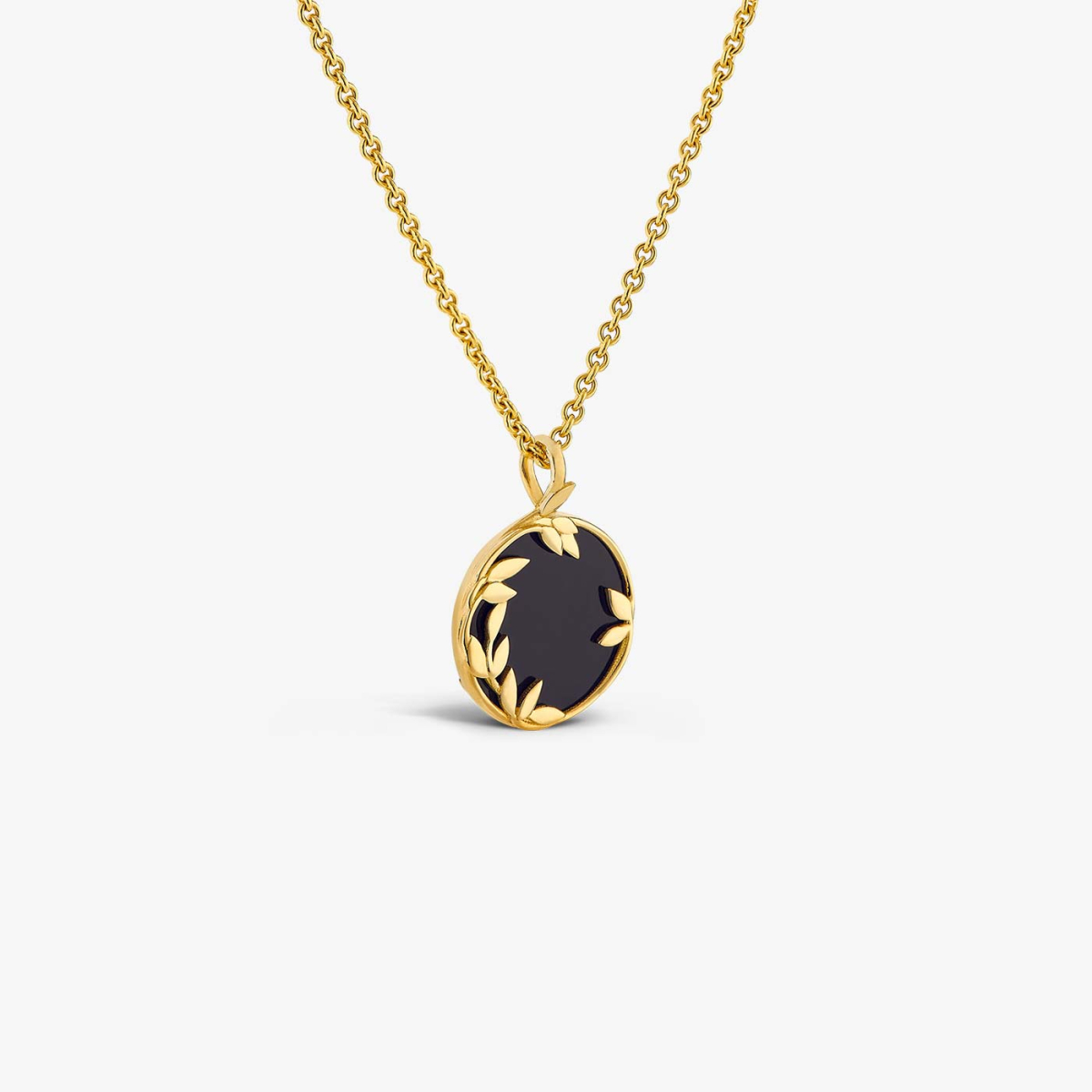 Yellow Gold and Onyx Flora Medallion, necklace view